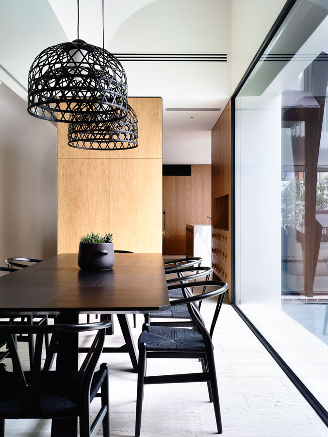 Overend Constructions, St Kilda West House, Kennedy Nolan, dining room, black, natural timber